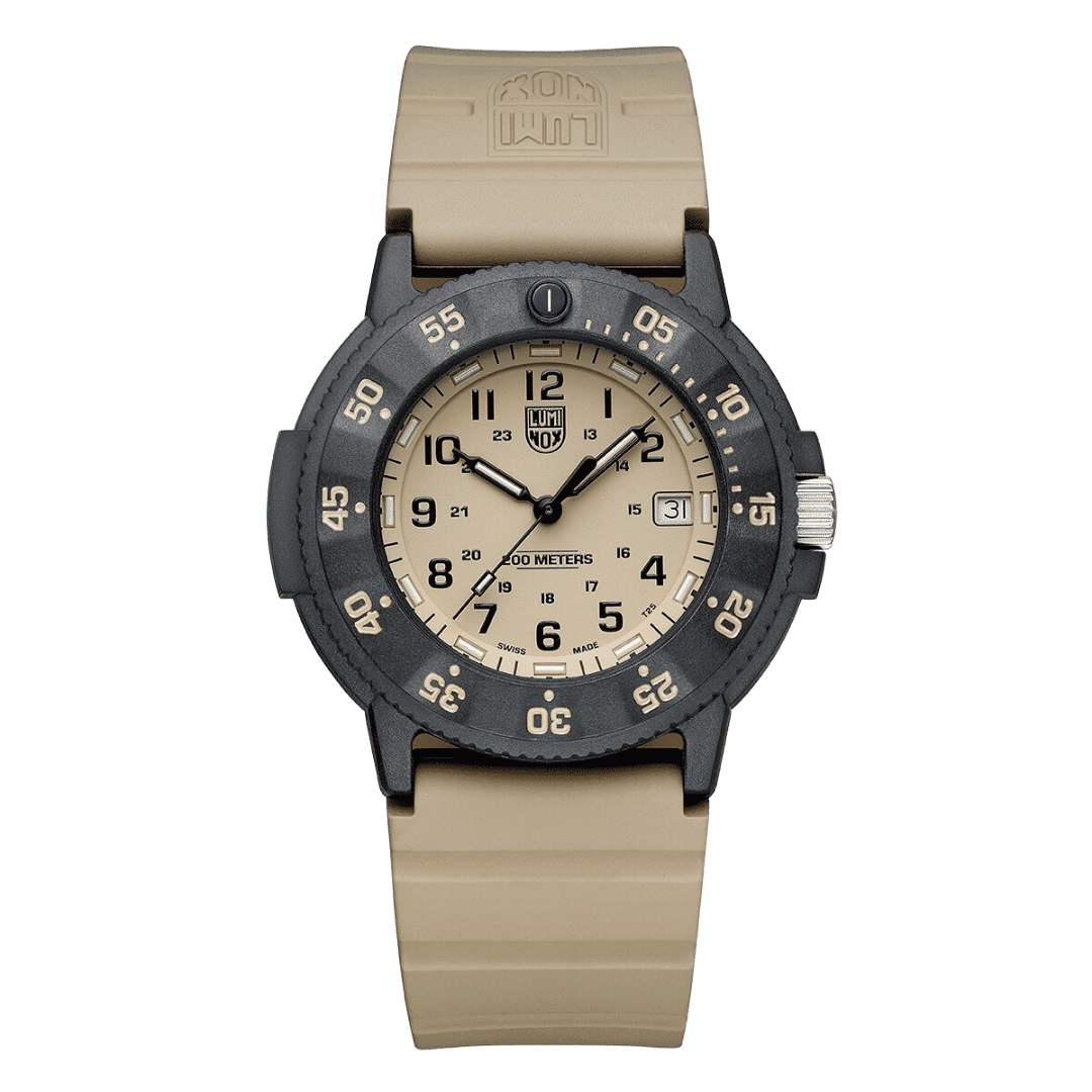 Herrklocka med beige silikonarmband, svart urtavla och datumfönster