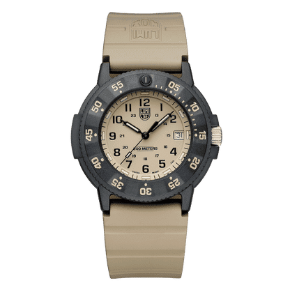 Herrklocka med beige silikonarmband, svart urtavla och datumfönster