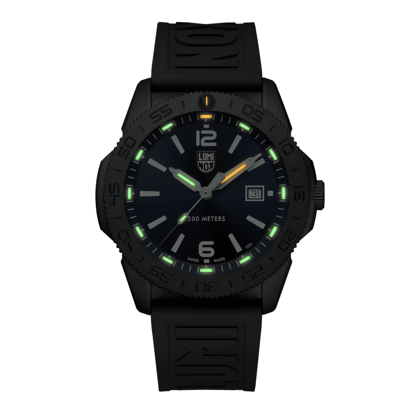 Svart herrur med blå urtavla och självlysande index, Luminox-logotyp