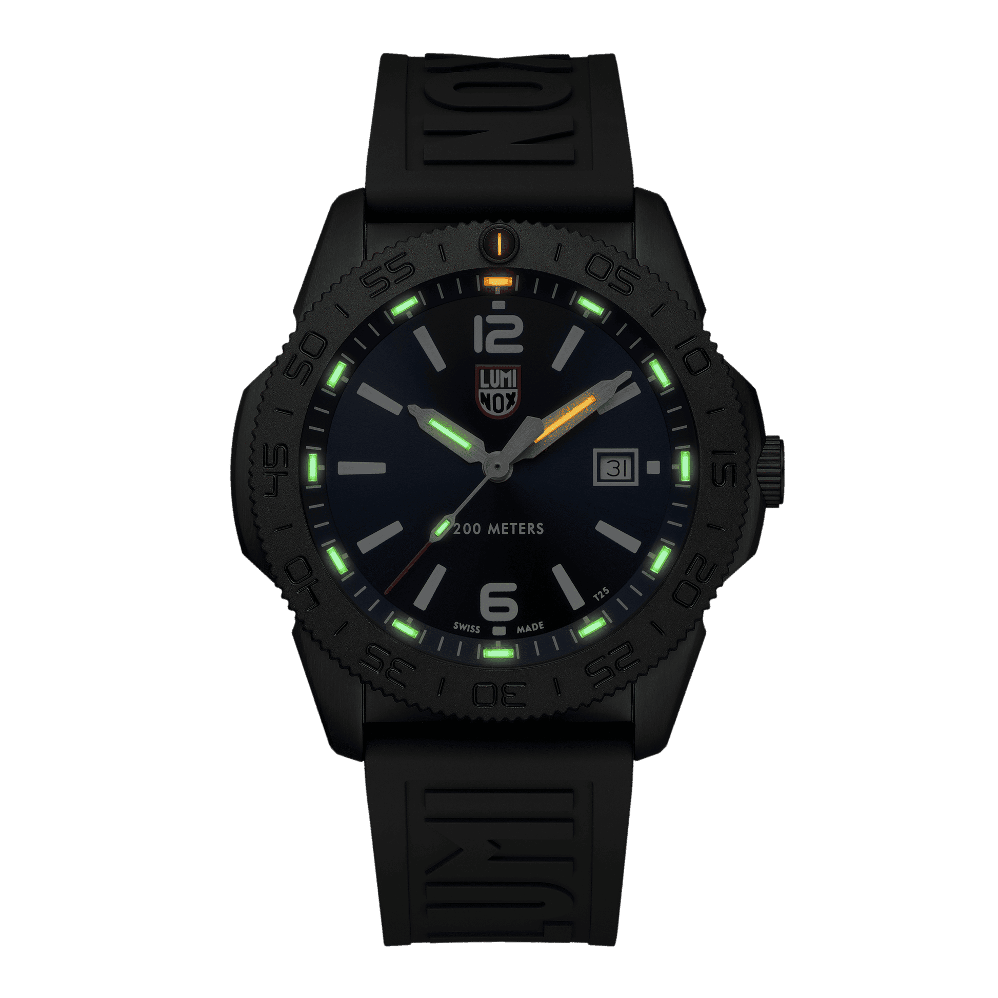 Svart herrur med blå urtavla och självlysande index, Luminox-logotyp