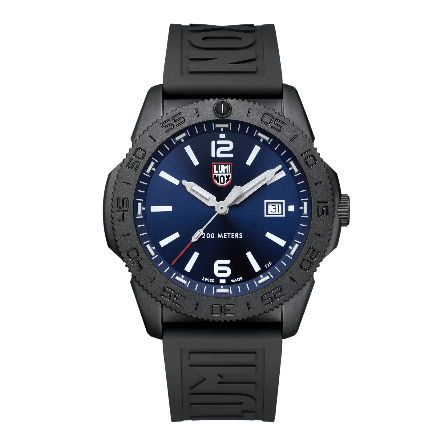 Svart herrklocka med blå urtavla, Luminox-logotyp, svart silikonband