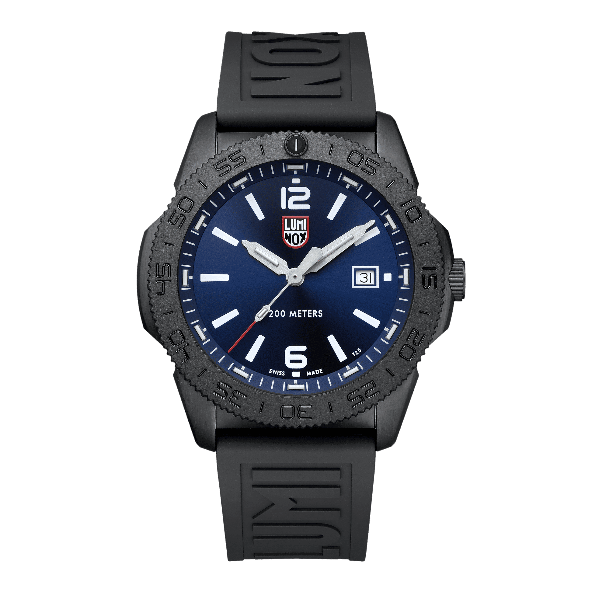Svart herrklocka med blå urtavla, Luminox-logotyp, svart silikonband