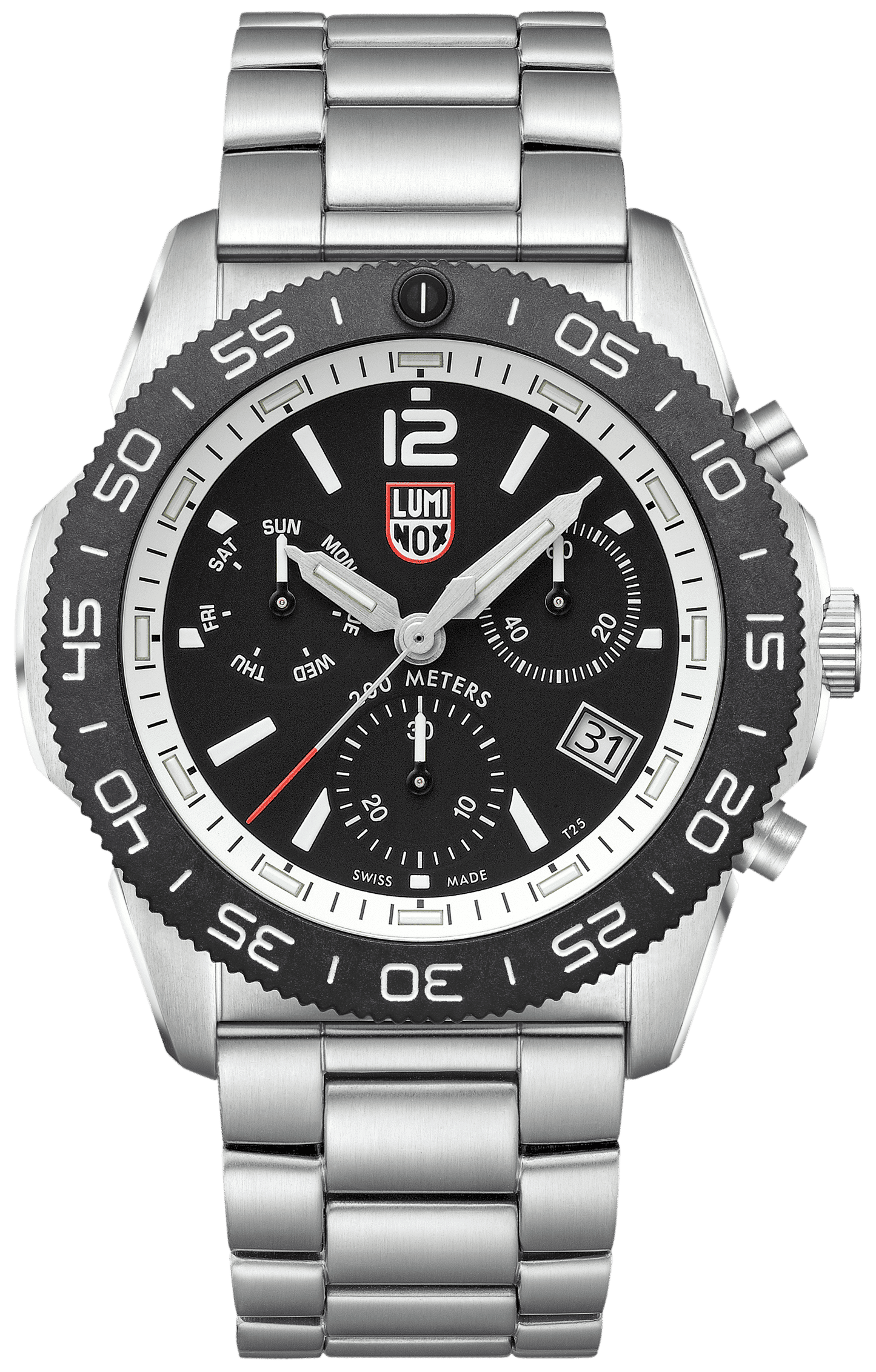 Herrarnas kronograf med silverfärgat hölje och armband, svart urtavla och tachymeter-ring