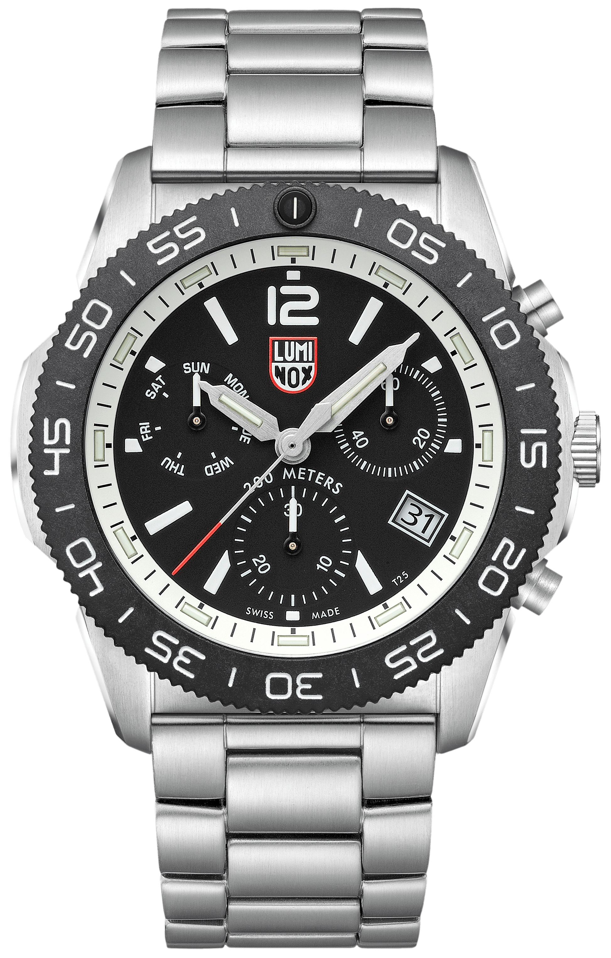 Herrarnas kronograf med silverfärgat hölje och armband, svart urtavla och tachymeter-ring