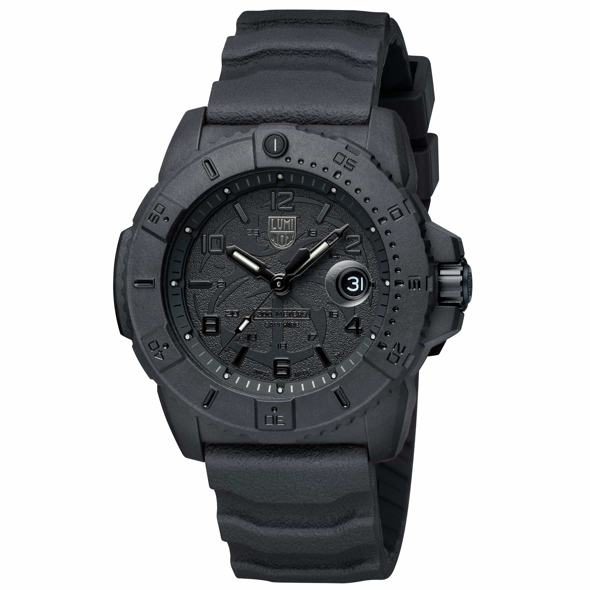 Herrklocka framifrån: svart boett och svart armband, analog urtavla med datum "31".