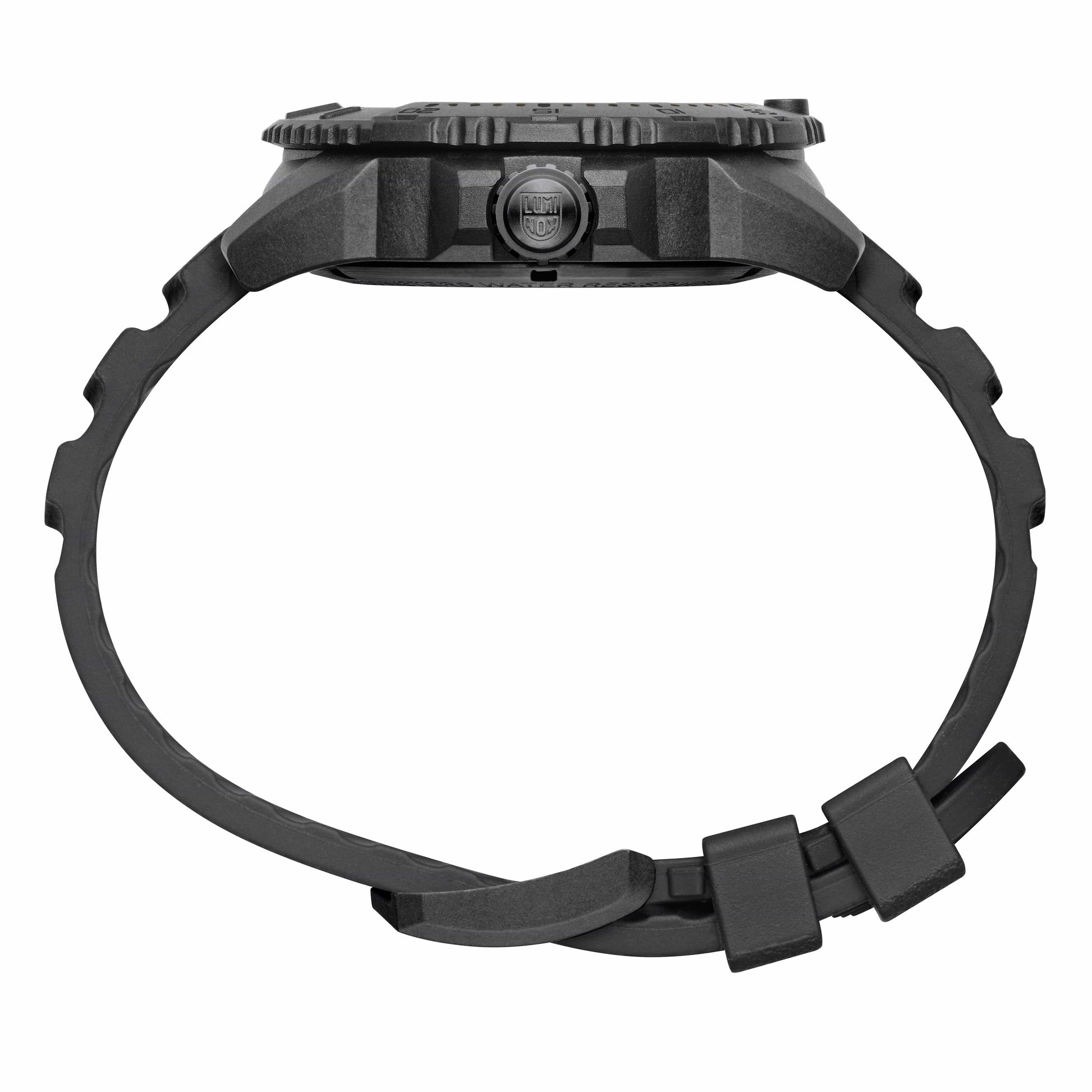 Armbandsvy för herrklocka: svart band med spänne och justeringslänkar vid boetten.