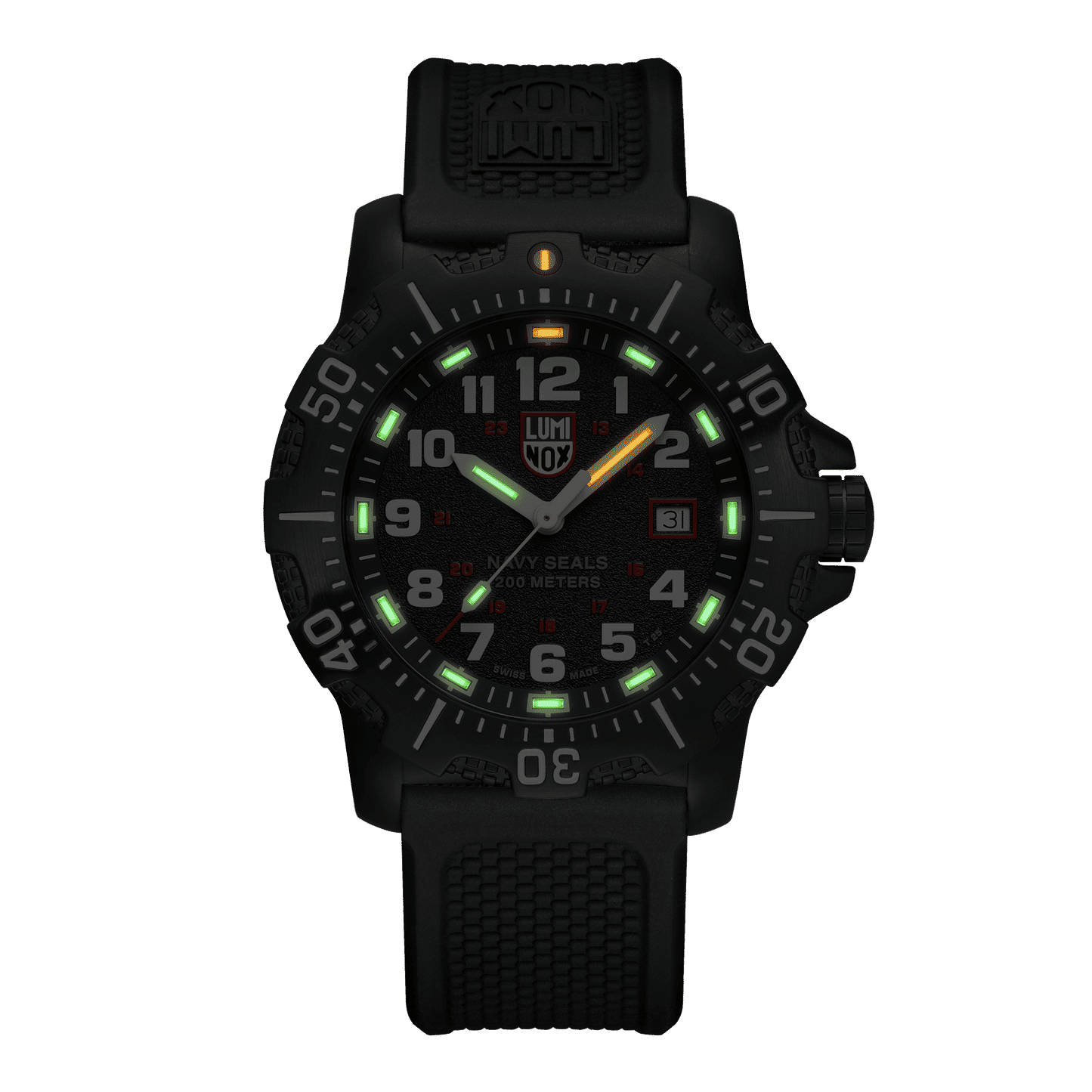 Luminox-klocka med självlysande markörer, svart urtavla och svart gummiarmband