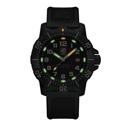 Luminox-klocka med självlysande markörer, svart urtavla och svart gummiarmband