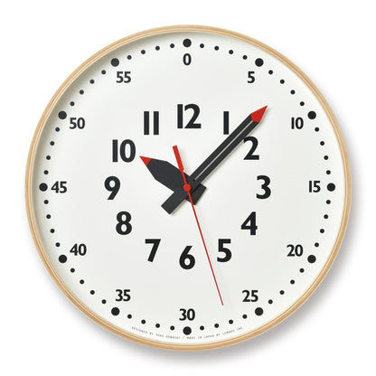 Wanduhr mit Naturholzrahmen und weißem Zifferblatt, rotem Sekundenzeiger