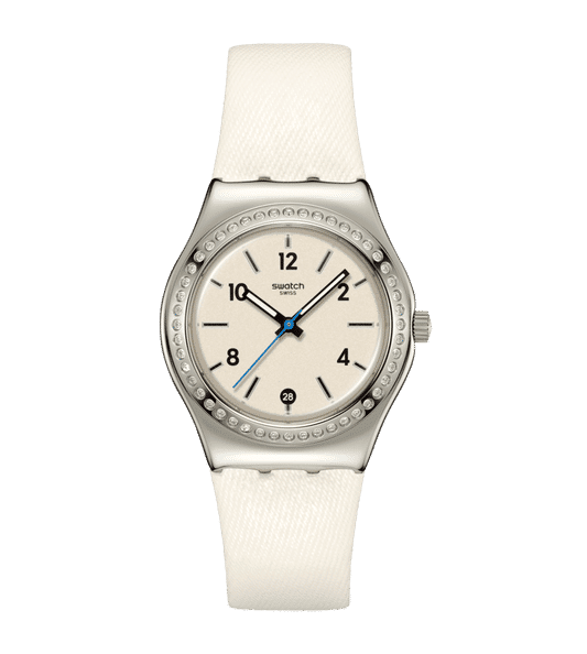 Swatch Irony Medium YLS471 Glacial Petals Armbanduhr Weiß • Leuchtzeiger • Kristallbesetzter Lünette