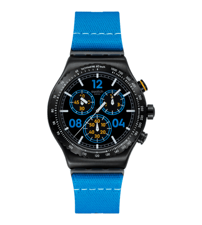 Swatch Irony Chrono New YVB100 Moments in Blue Herren • Tachymeter-Lünette • Leuchtzeiger mit Glow-Effekt