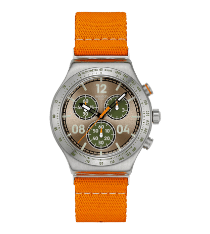 Swatch Irony Chrono New YVS101 Herren Armbanduhr Hellbraun • Tachymeter-Lünette • Leuchtzeiger