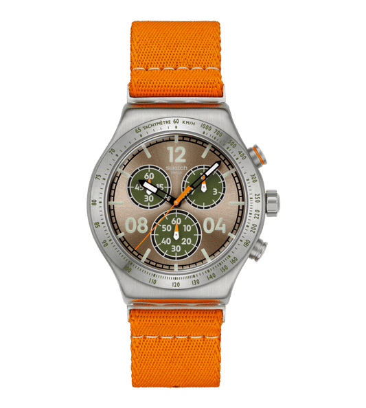 Swatch Irony Chrono New YVS101 Herren Armbanduhr Hellbraun • Tachymeter-Lünette • Leuchtzeiger