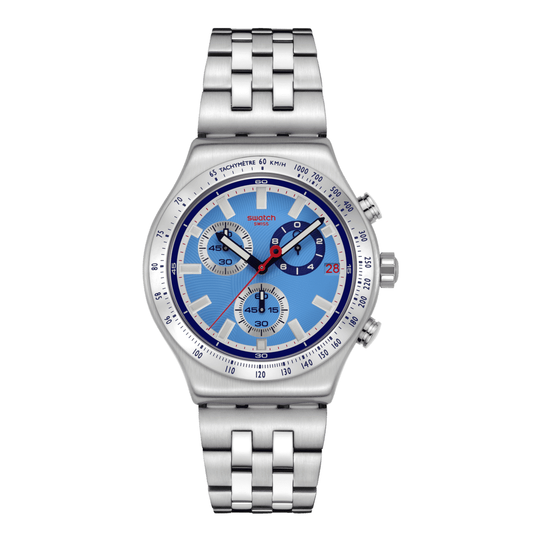 Swatch Irony YVS541G Midday in the Mirror Herrenuhr Hellblau • Chronograph mit Leuchtzeigern • Edelstahlarmband mit