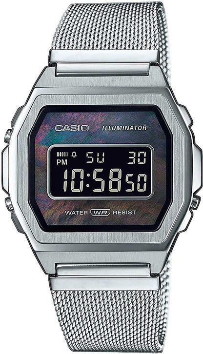 Herrarnas digitala klocka med silverfärgat mesh-armband och rektangulär LCD-display