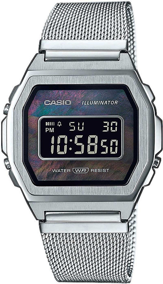 Herrarnas digitala klocka med silverfärgat mesh-armband och rektangulär LCD-display