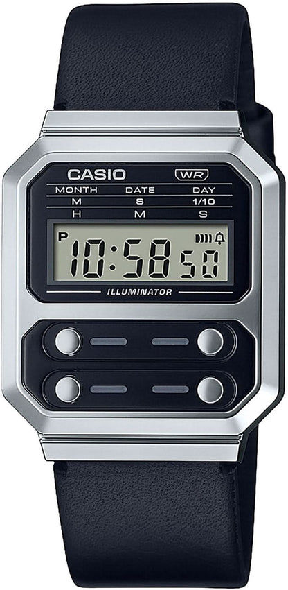 Retroarmbandsur med svart läderarmband, silverfärgat hölje och LCD-display