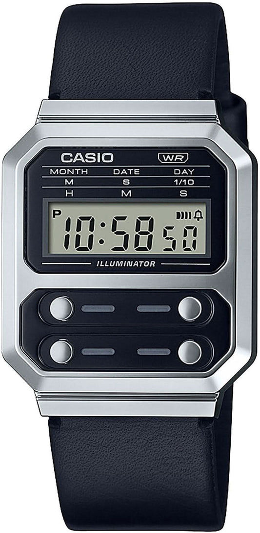 Retroarmbandsur med svart läderarmband, silverfärgat hölje och LCD-display