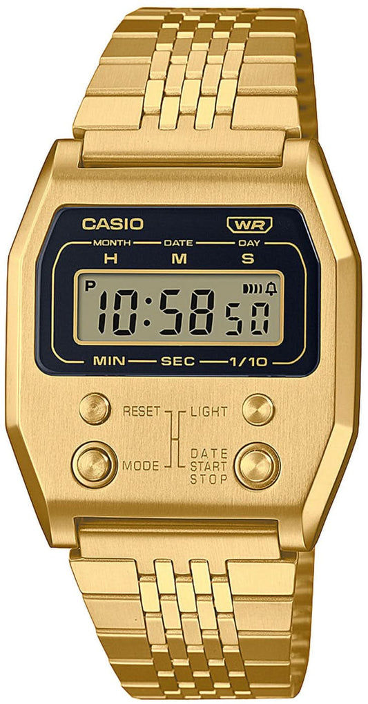 Casio digitalt armbandsur med guldfärgat rostfritt stålarmband och frontknappar, belyst display
