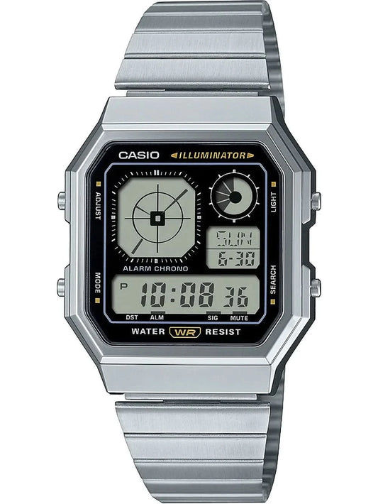 Casio Vintage A130WE-1AEF herrarmbandsur med silverfärgat metallband och svart digital display