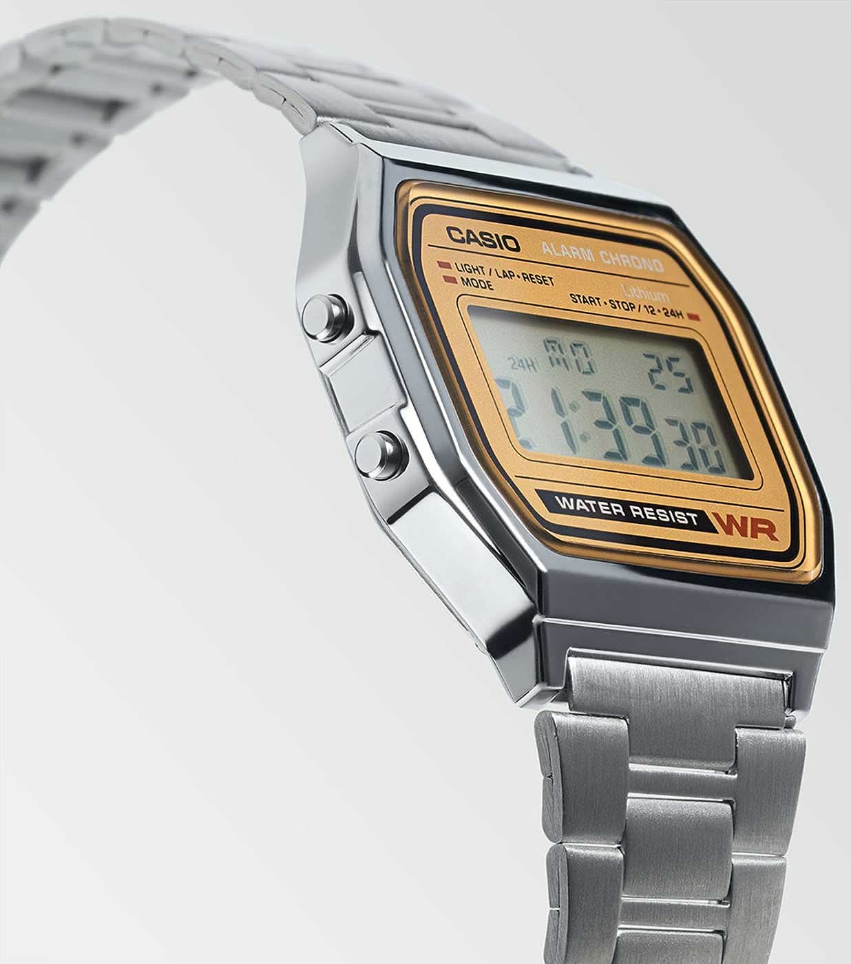 Casio Vintage digital klocka sned: silverfärgat metallarmband, orange LCD