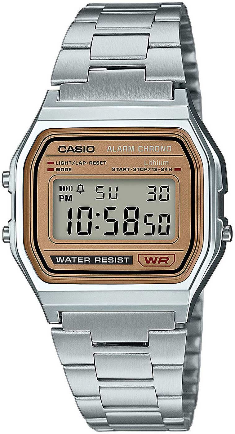 Casio Vintage digital klocka: silverfärgat metallarmband, orange LCD