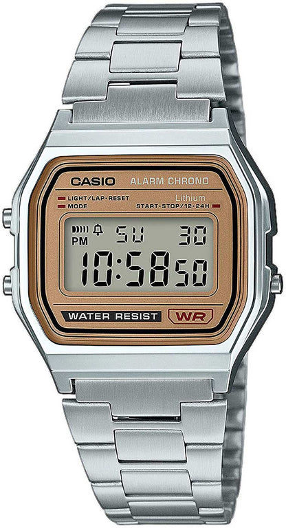 Casio Vintage digital klocka: silverfärgat metallarmband, orange LCD
