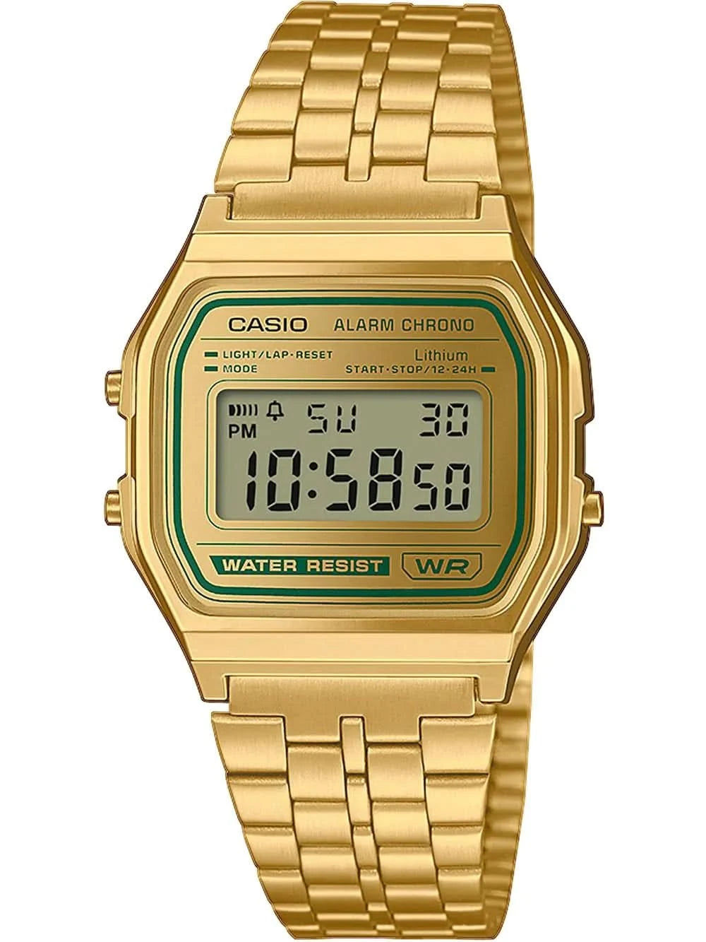 Casio Vintage digital klocka med guldfärgat metallarmband, rektangulär LCD-display och datumvisning.