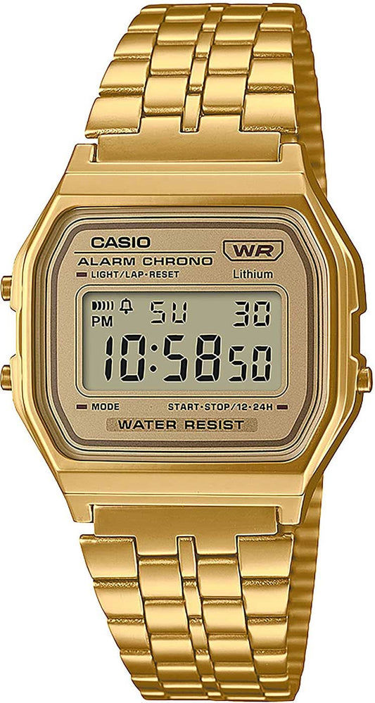 Guld färgad Casio Vintage digital klocka med metallarmband och LCD-display.