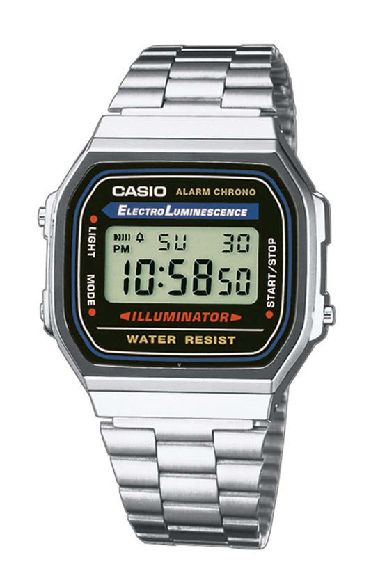 Casio Vintage digital klocka med armband i rostfritt stål och svart urtavla, kronograf/larm, blå logotyp