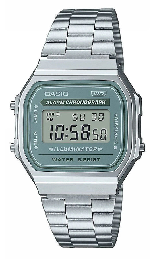 Casio Vintage A168WA-1YES klocka med silverfärgat metallarmband och grön digital display