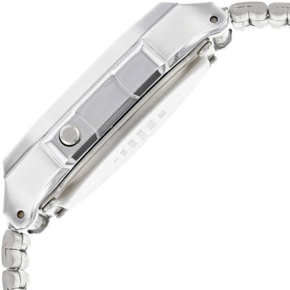 Casio Vintage-klocka med silverfärgat boett och svart digital display, sedd från sidan