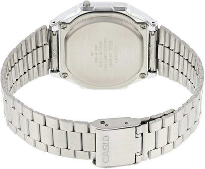 Casio Vintage-klocka baksida med silverfärgat rostfritt stålarmband och rund boett