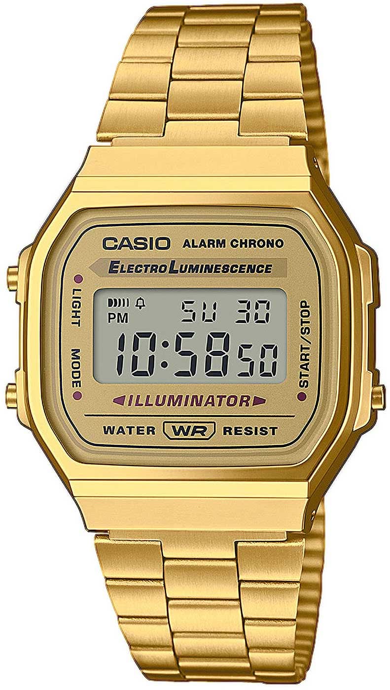 Guldpläterad Casio Vintage-klocka med metallarmband och digital display, fyrkantigt hölje