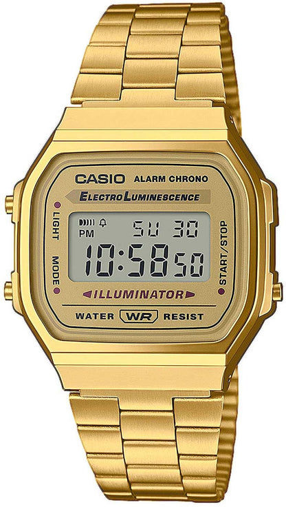 Guldpläterad Casio Vintage-klocka med metallarmband och digital display, fyrkantigt hölje
