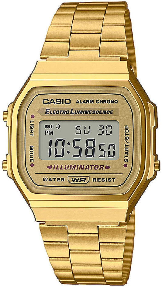 Guldpläterad Casio Vintage-klocka med metallarmband och digital display, fyrkantigt hölje