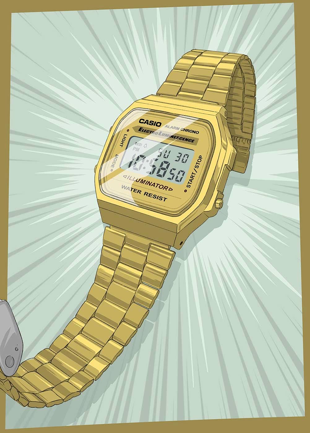 Guld färgad Casio Vintage-klocka med metallarmband och digital display i profil