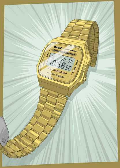 Guld färgad Casio Vintage-klocka med metallarmband och digital display i profil