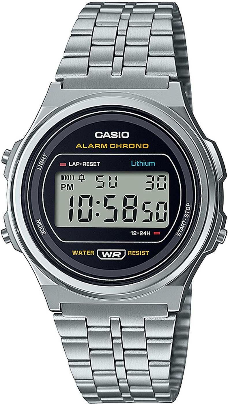 Casio Vintage-klocka med silverfärgat armband i rostfritt stål och rund digital display, svart urtavla.