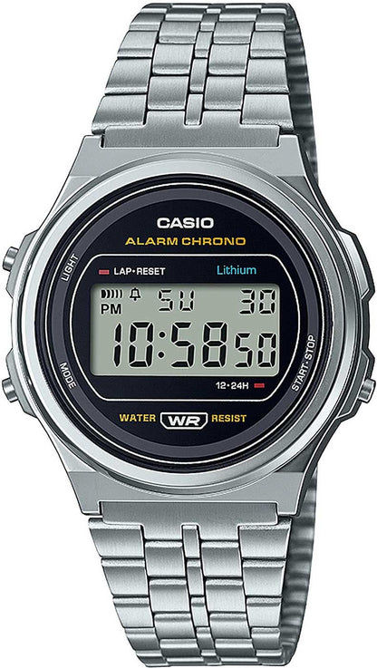 Casio Vintage-klocka med silverfärgat armband i rostfritt stål och rund digital display, svart urtavla.