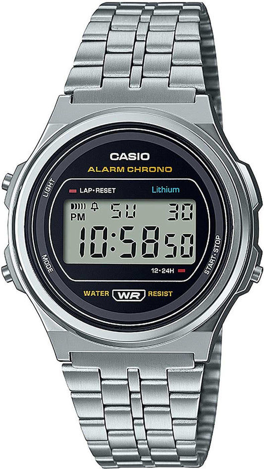 Casio Vintage-klocka med silverfärgat armband i rostfritt stål och rund digital display, svart urtavla.
