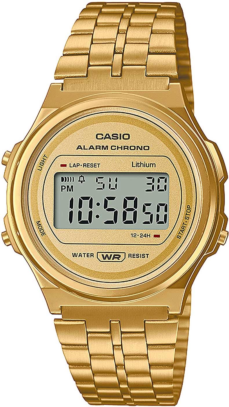 Casio Vintage digital klocka med guldfärgat metallarmband och rund urtavla, WR