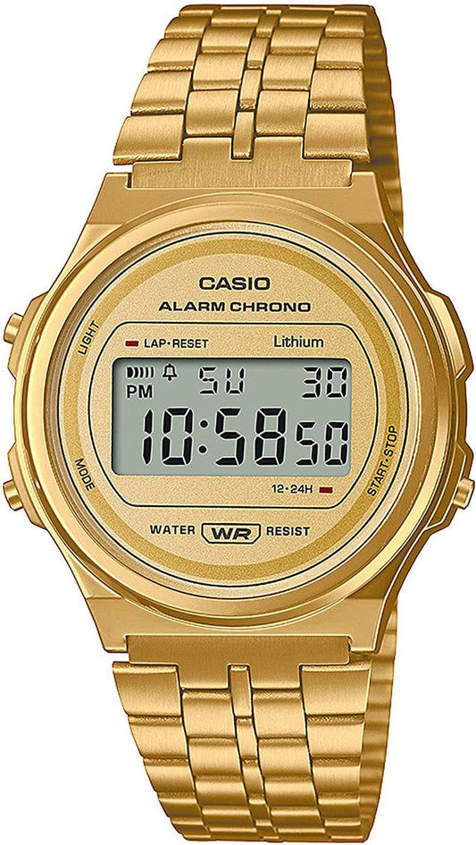 Casio Vintage digital klocka med guldfärgat metallarmband och rund urtavla, WR