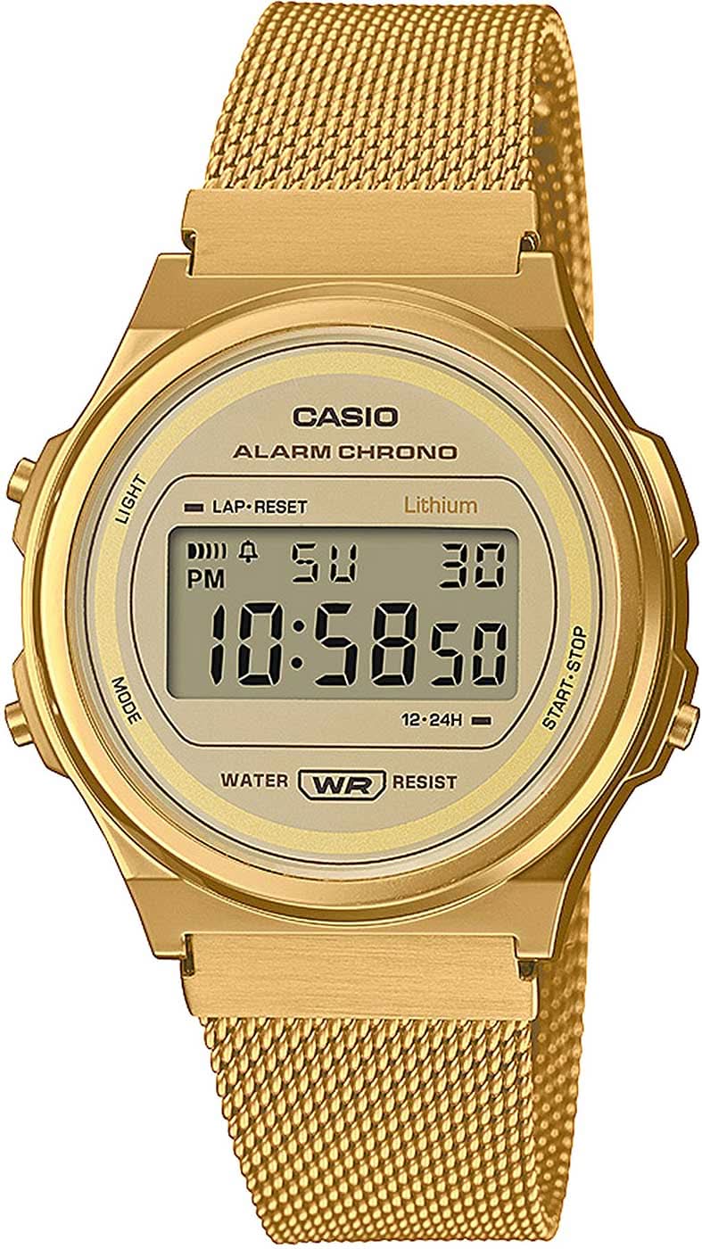 Guldpläterat herrarmbandsur med mesh-armband och digital display