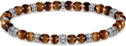 Tigeröga-armband med runda bruna stenpärlor och utsmyckade 925 sterling silver-element