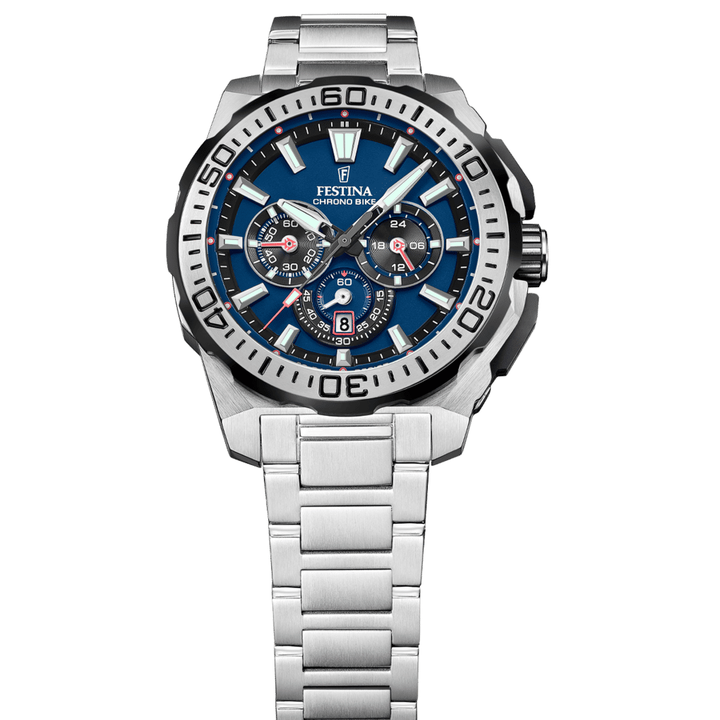 Festina Chrono Bike herrklocka, silverfärgat armband, blå urtavla med kronografvisning