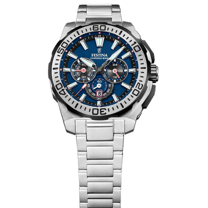 Festina Chrono Bike herrklocka, silverfärgat armband, blå urtavla med kronografvisning
