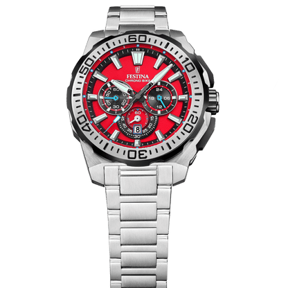 Festina herrklocka kronograf med röd urtavla, silverfärgad infattning och armband i rostfritt stål