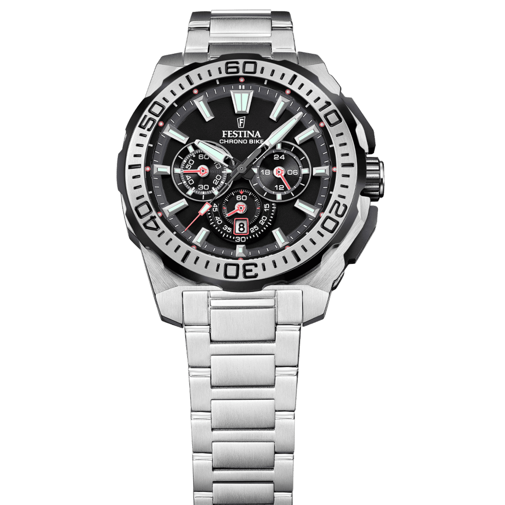 Festina Chrono-Bike herrklocka framifrån: silverfärgat metallarmband, svart urtavla
