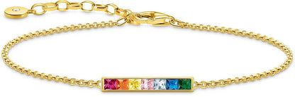 Armband med guldfärgad kedja och färgglada stenar, rektangulärt stenelement